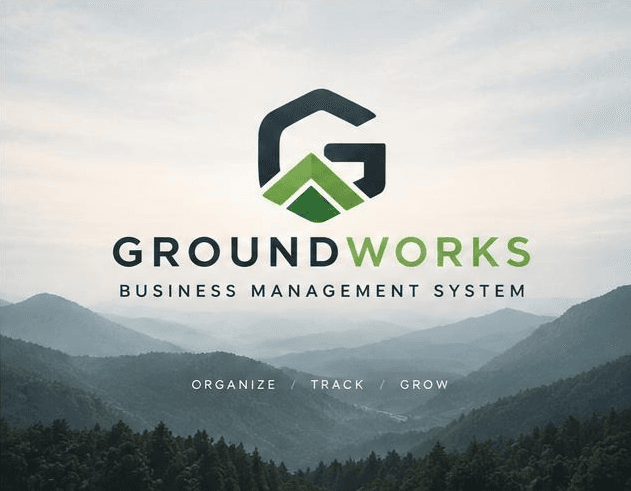 Groundworks Business Management System mountain brand board with the approved green, charcoal, slate, and blue-gray palette